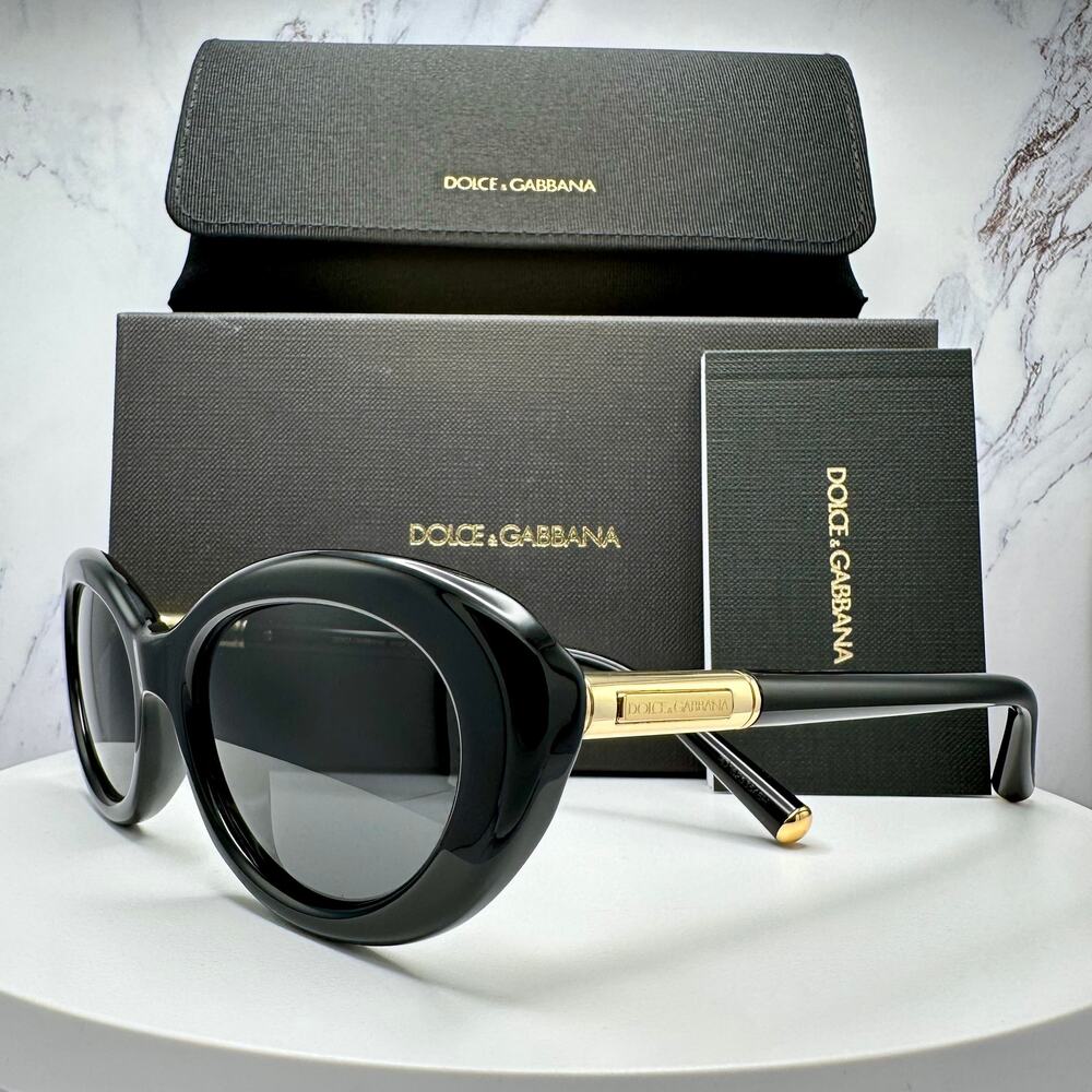 New Dolce & Gabbana Sunglasses Black Oval Cat Eye Gold Metal Logo 54-18